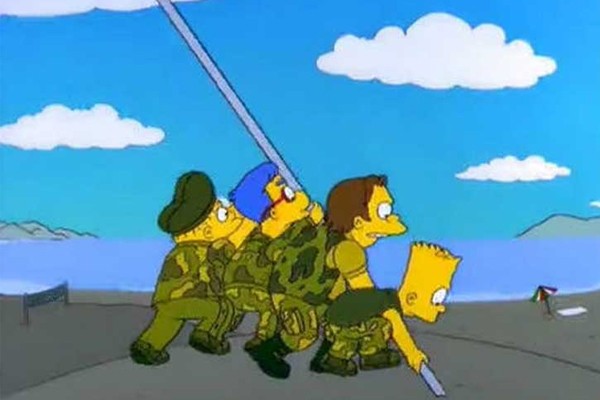 Bart y sus amigos alzando la bandera
