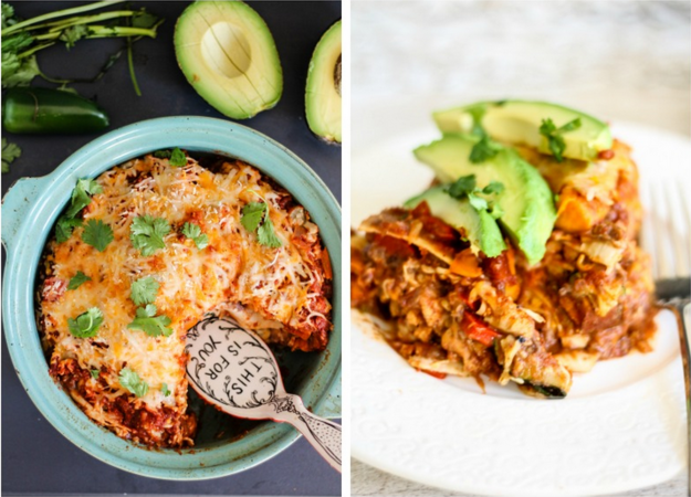 Tortilla pie de frijoles negros, vegetales rostizados y papa dulce