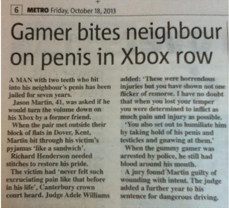 “Gamer muerde el pene a su vecino en maratón de Xbox”