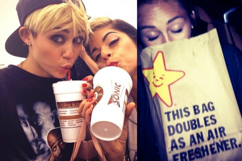 Miley Cyrus con amigos y comida rápida