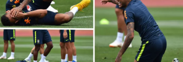 Neymar haciéndo chistes de sus simulaciones en el entrenamiento