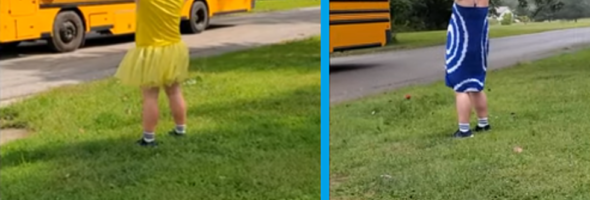 Papá se disfraza para recoger a sus hijos del bus